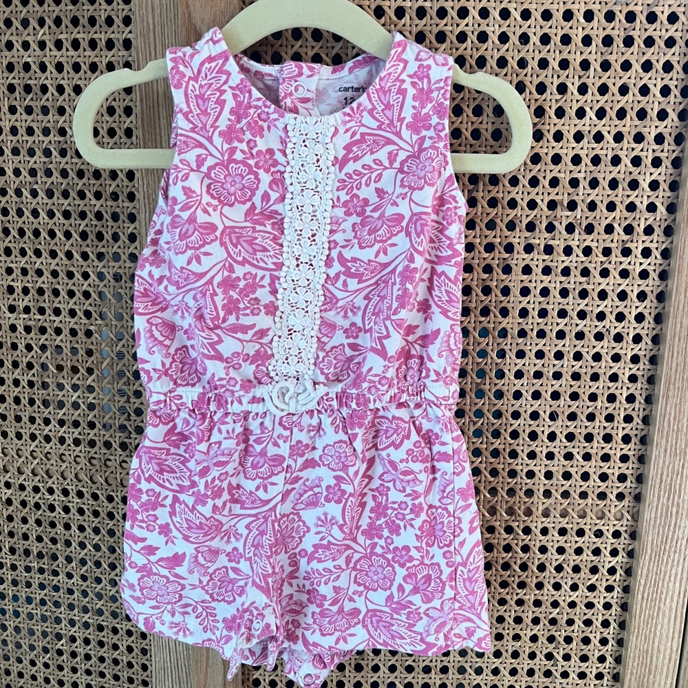 Carter's 12m Pink Floral Crochet-Trim Girls' Romper